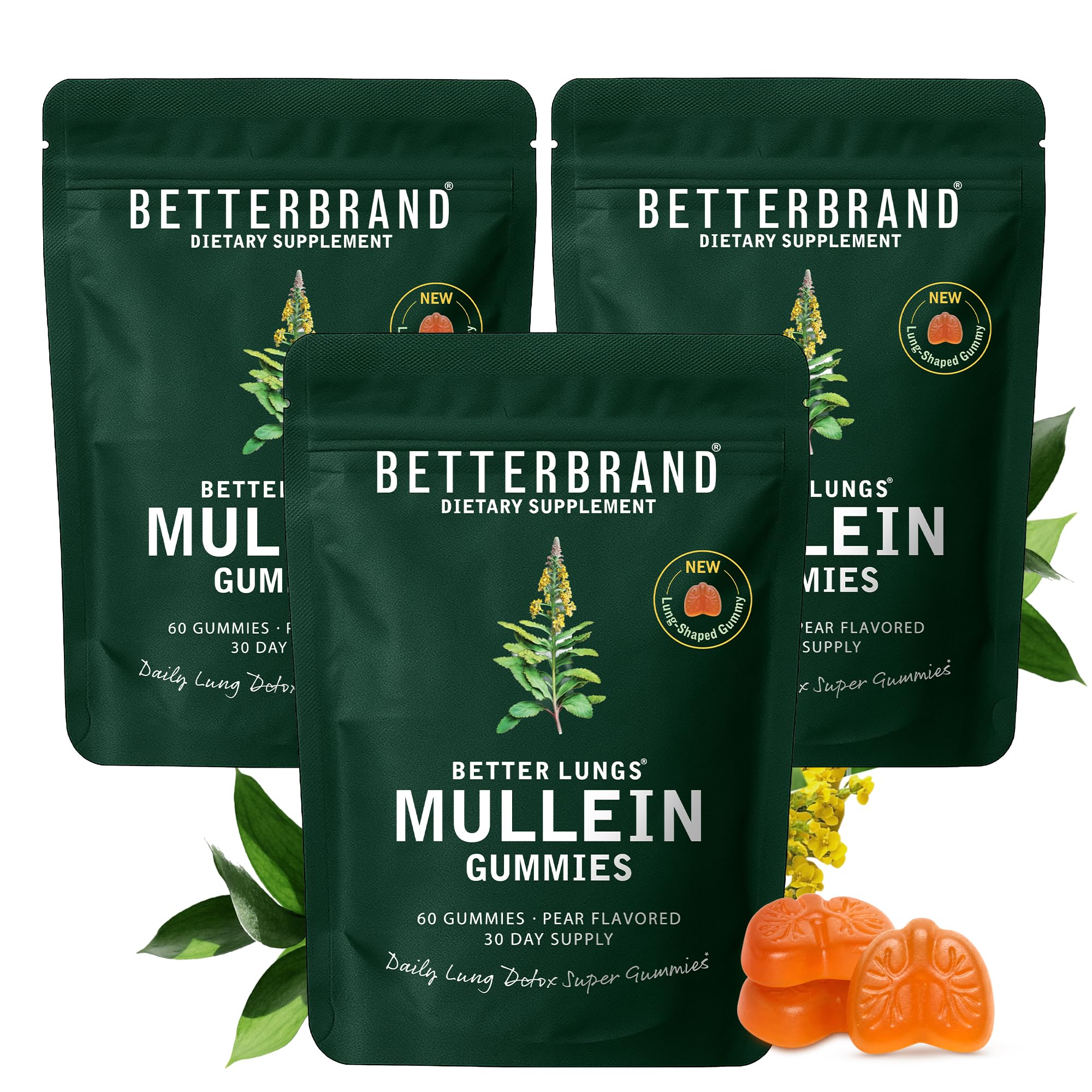 Betterbrand Mullein Chewable Gummies for Lung Health, Pear Flavor, 50:1 Extract