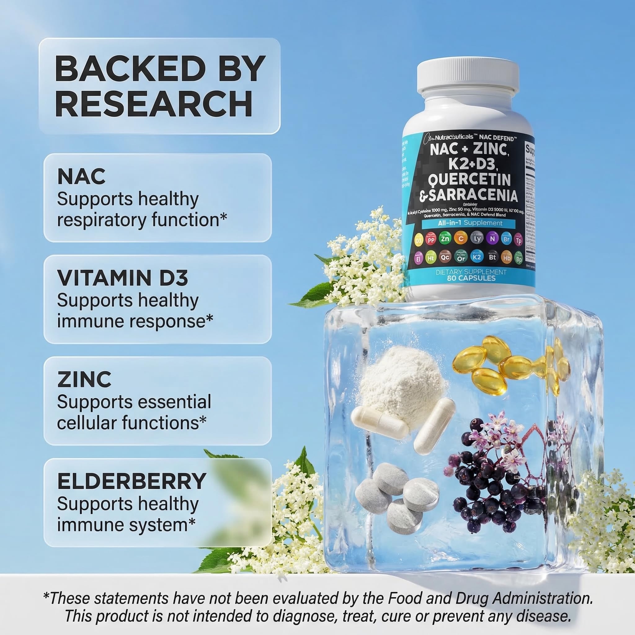 Clean Nutra NAC Immune Support | D3 K2 Zinc Quercetin

