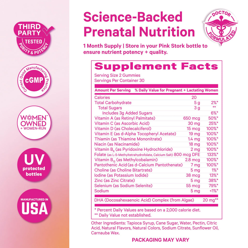 Pink Stork Prenatal Gummies with Vegan DHA | MTHFR-Friendly

