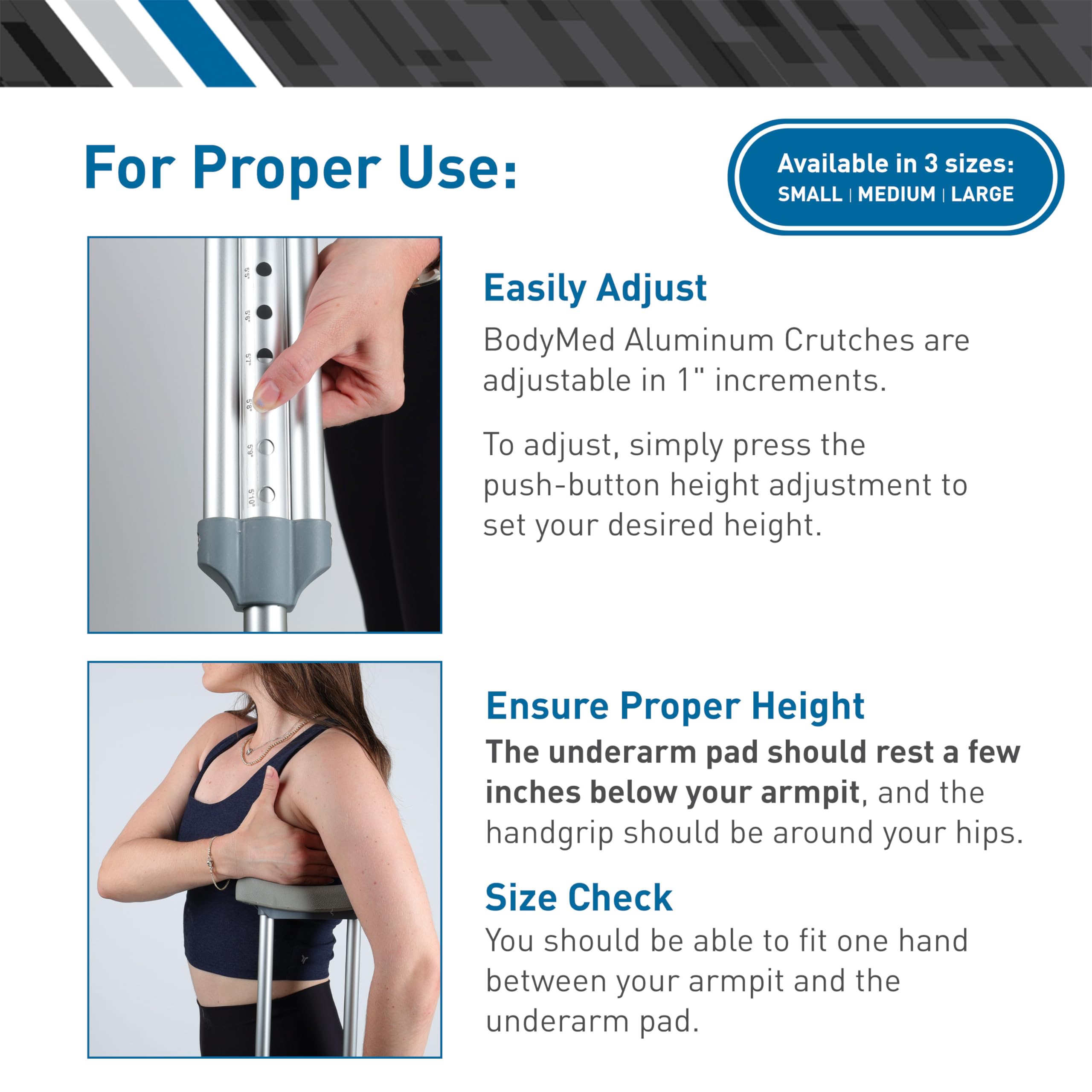 BodyMed Aluminum Crutches – Height Adjustable, Pair

