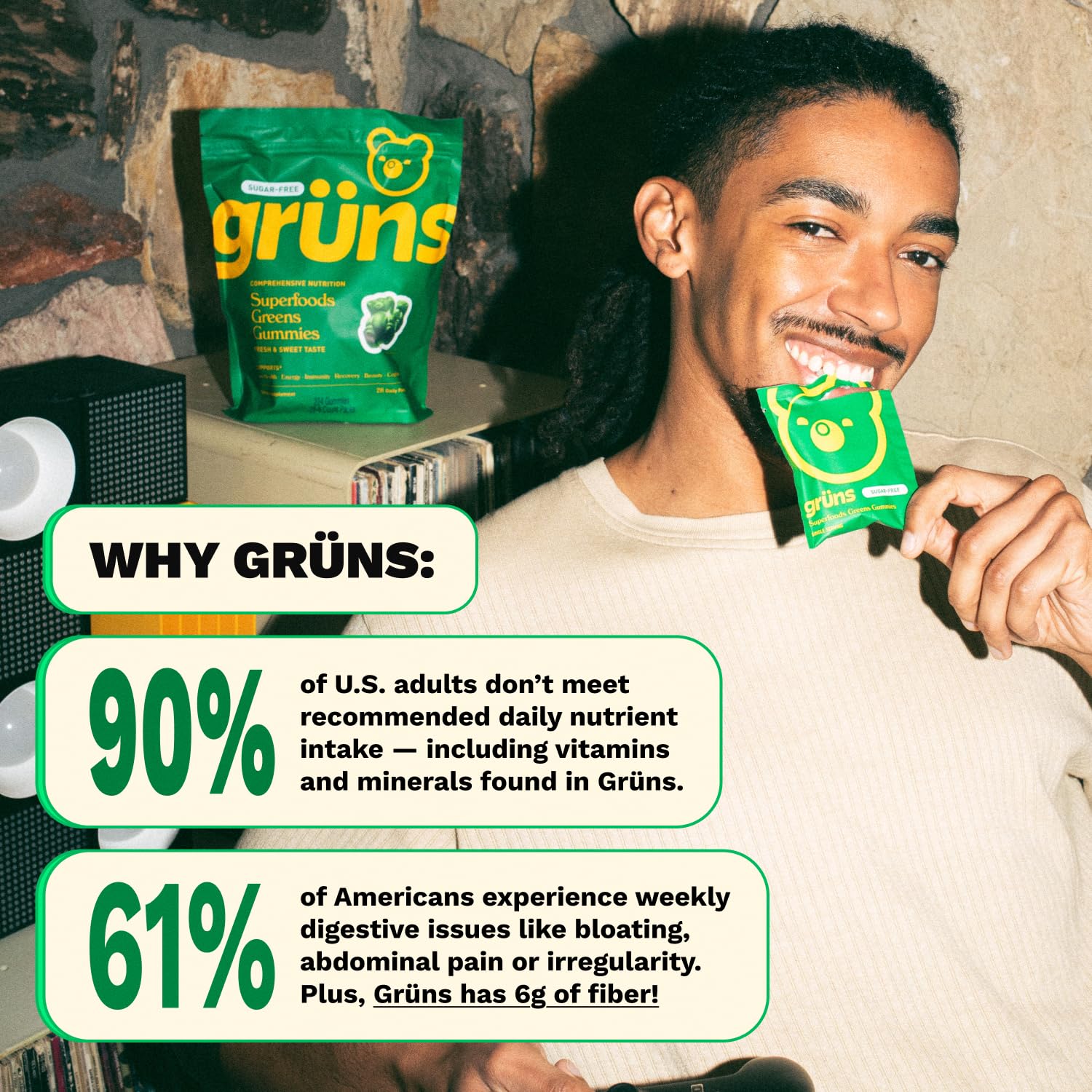 Grüns Adult Greens Gummies Multivitamin with Prebiotic Fiber

