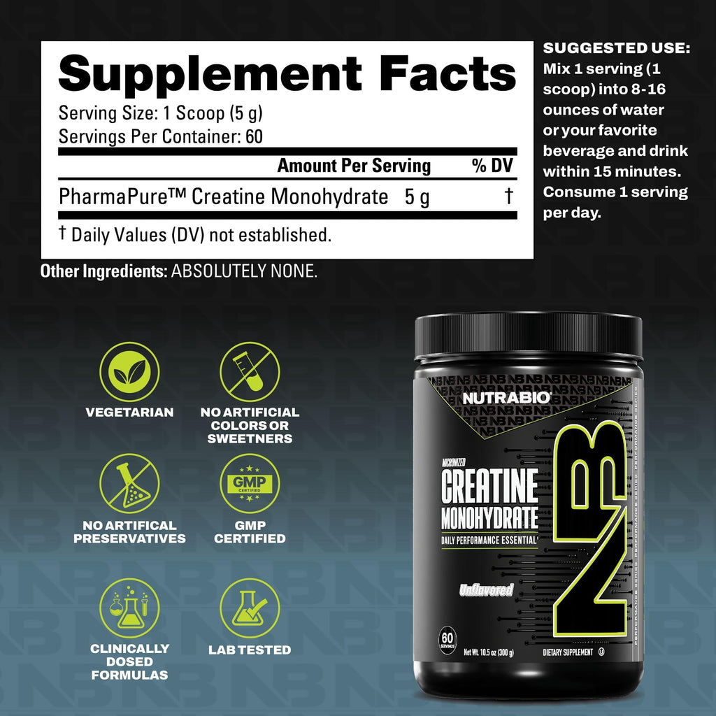 NutraBio Creatine Monohydrate Powder – Micronized & Pure

