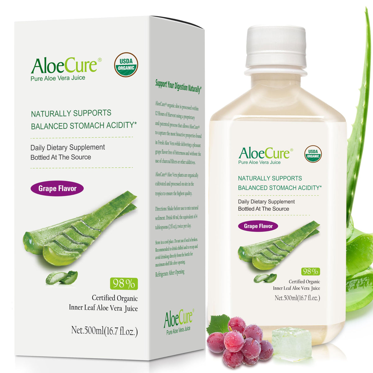 AloeCure USDA Organic Aloe Vera Juice Inner Leaf Gel Dietary Supplement