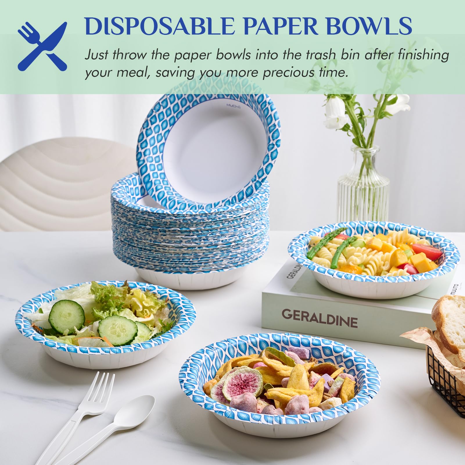 MUCHII Disposable Paper Bowls Bulk - Soak-Proof & Printed

