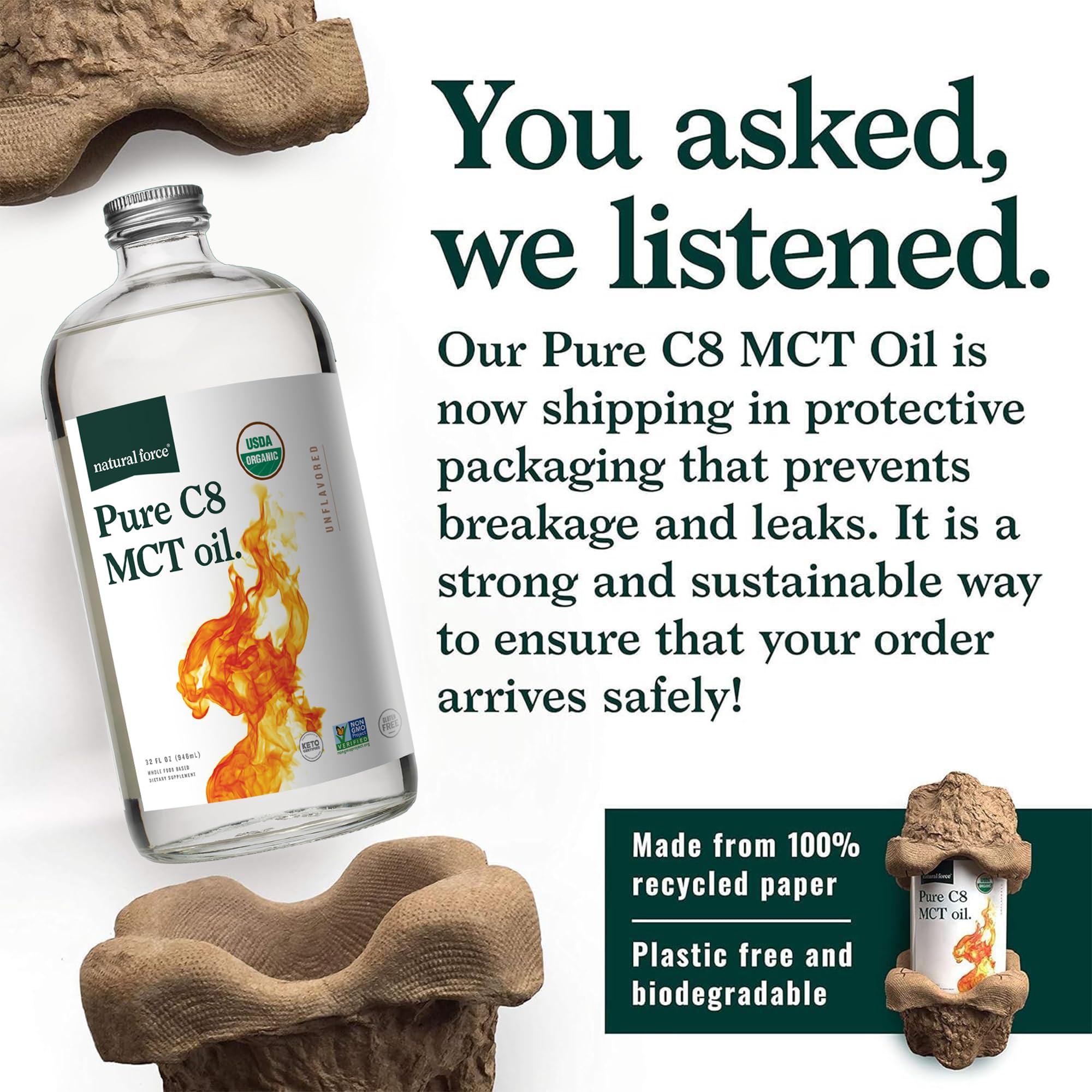 Natural Force Organic Pure C8 MCT Oil – Glass Bottle

