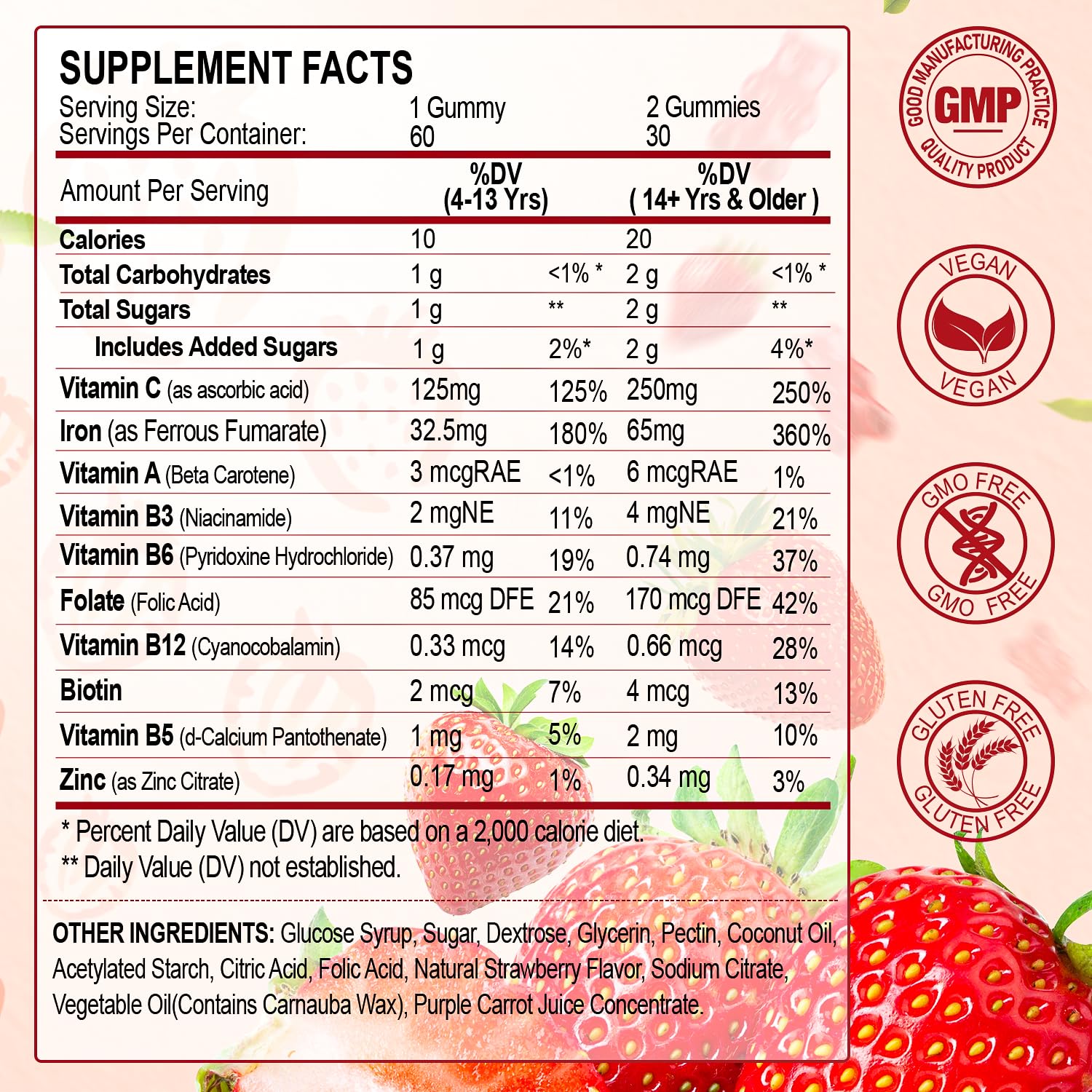 ZHPHK Iron Gummies – 65mg Iron with Folate, Gluten-Free

