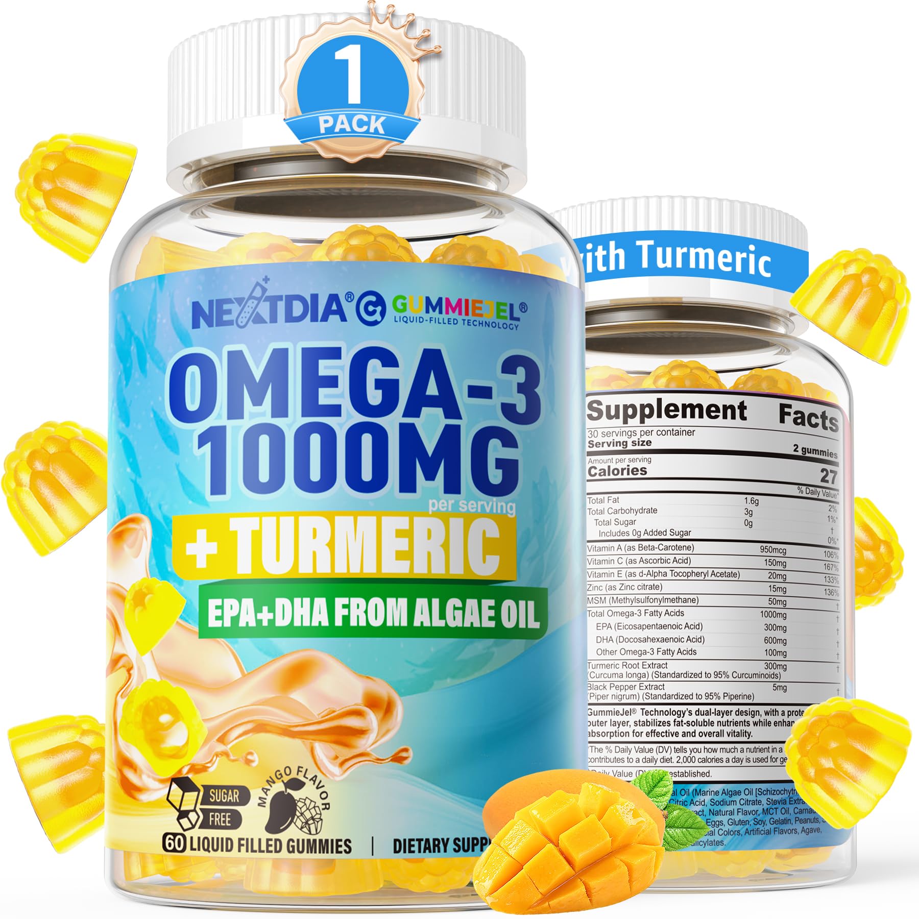 Vegan Omega-3 Gummies with Turmeric - Algae DHA 600mg & EPA 300mg, Sugar Free