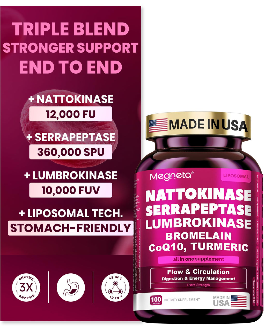 Megneta Nattokinase 12,000 FU - Triple Enzyme Formula

