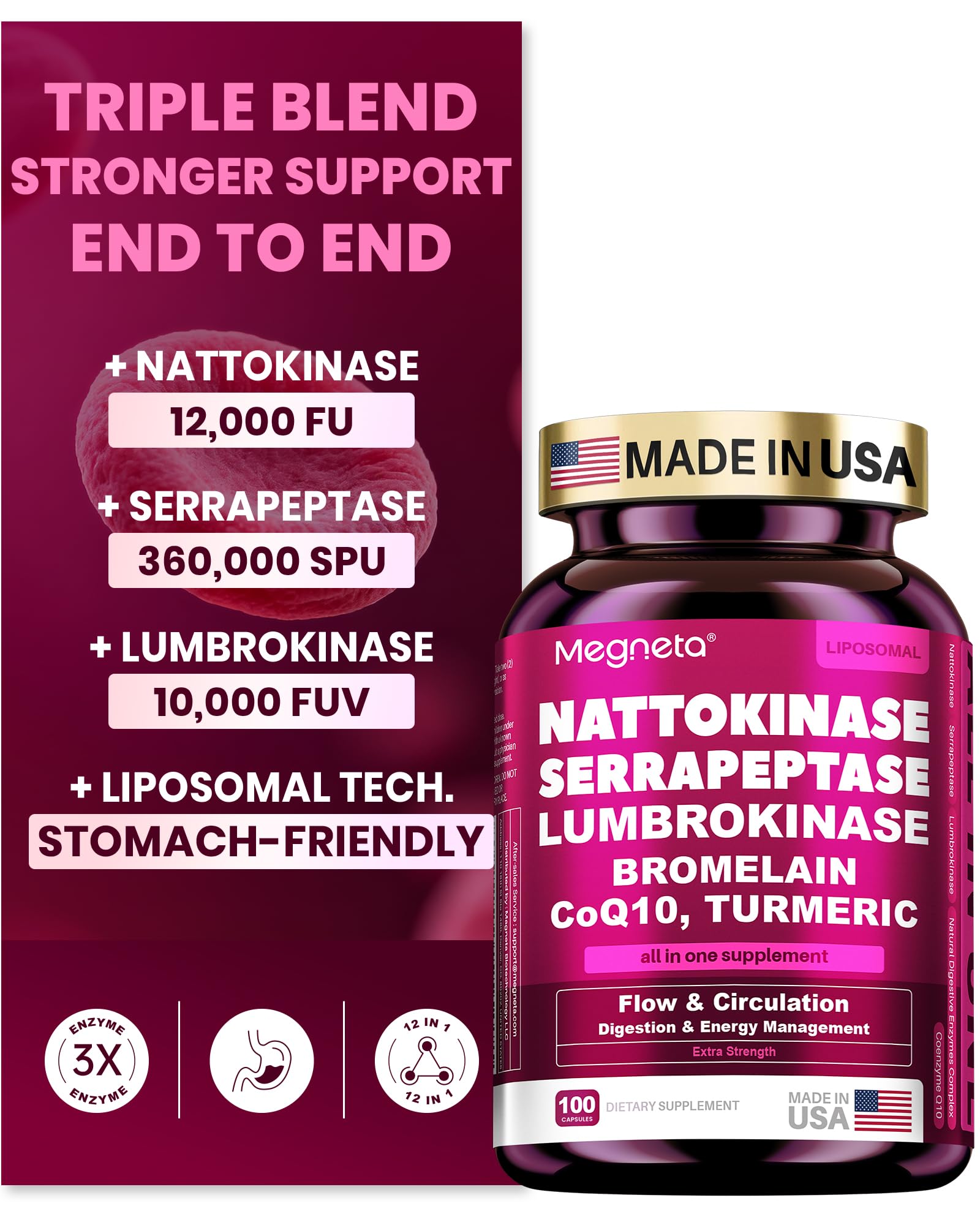 Megneta Nattokinase 12,000 FU - Triple Enzyme Formula

