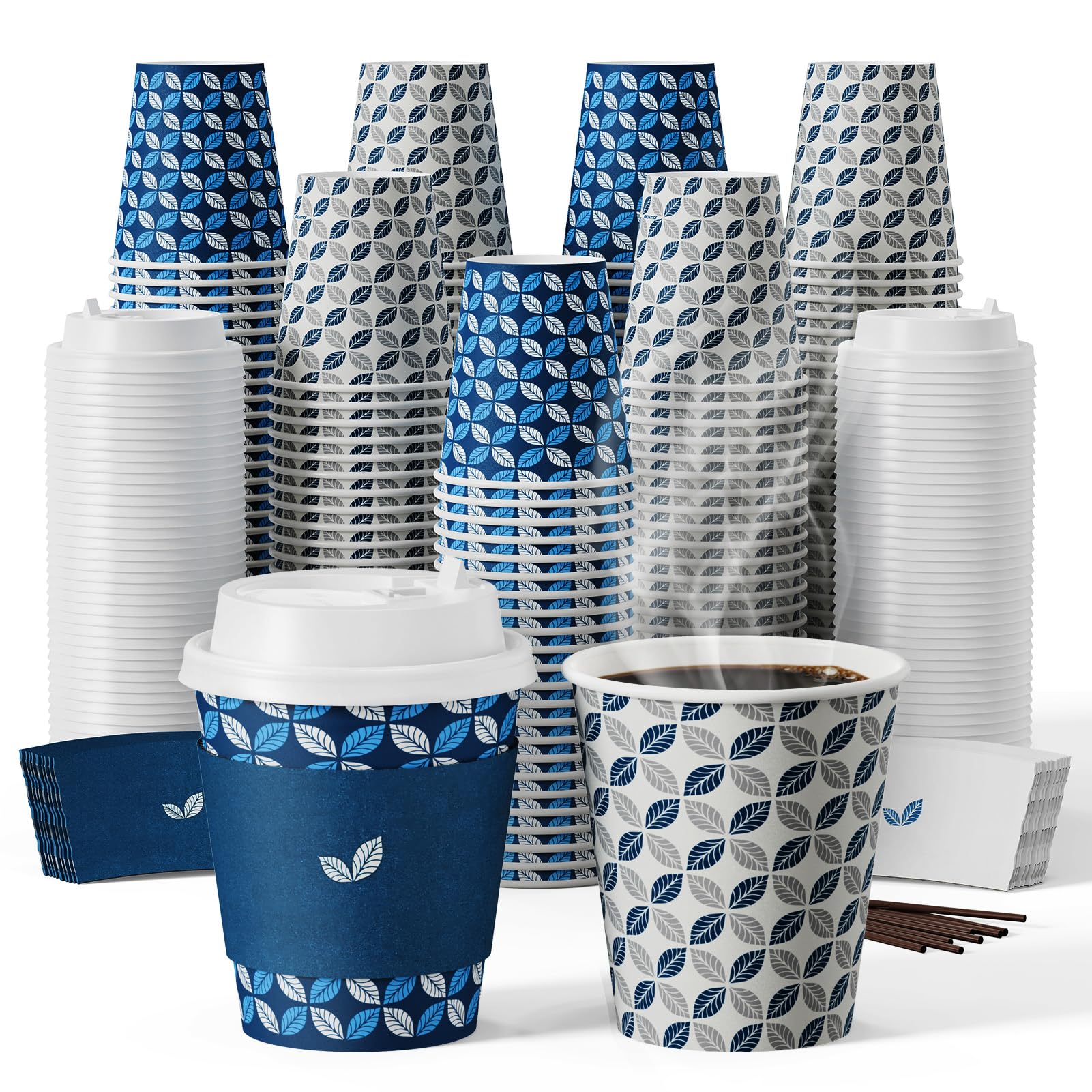 JOLLY CHEF Disposable Coffee Cups with Lids, Sleeves & Stirrers