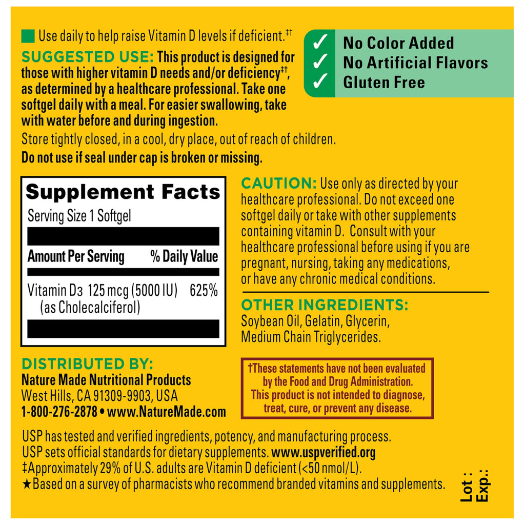 Nature Made Vitamin D3 5000 IU Softgels | Extra Strength


