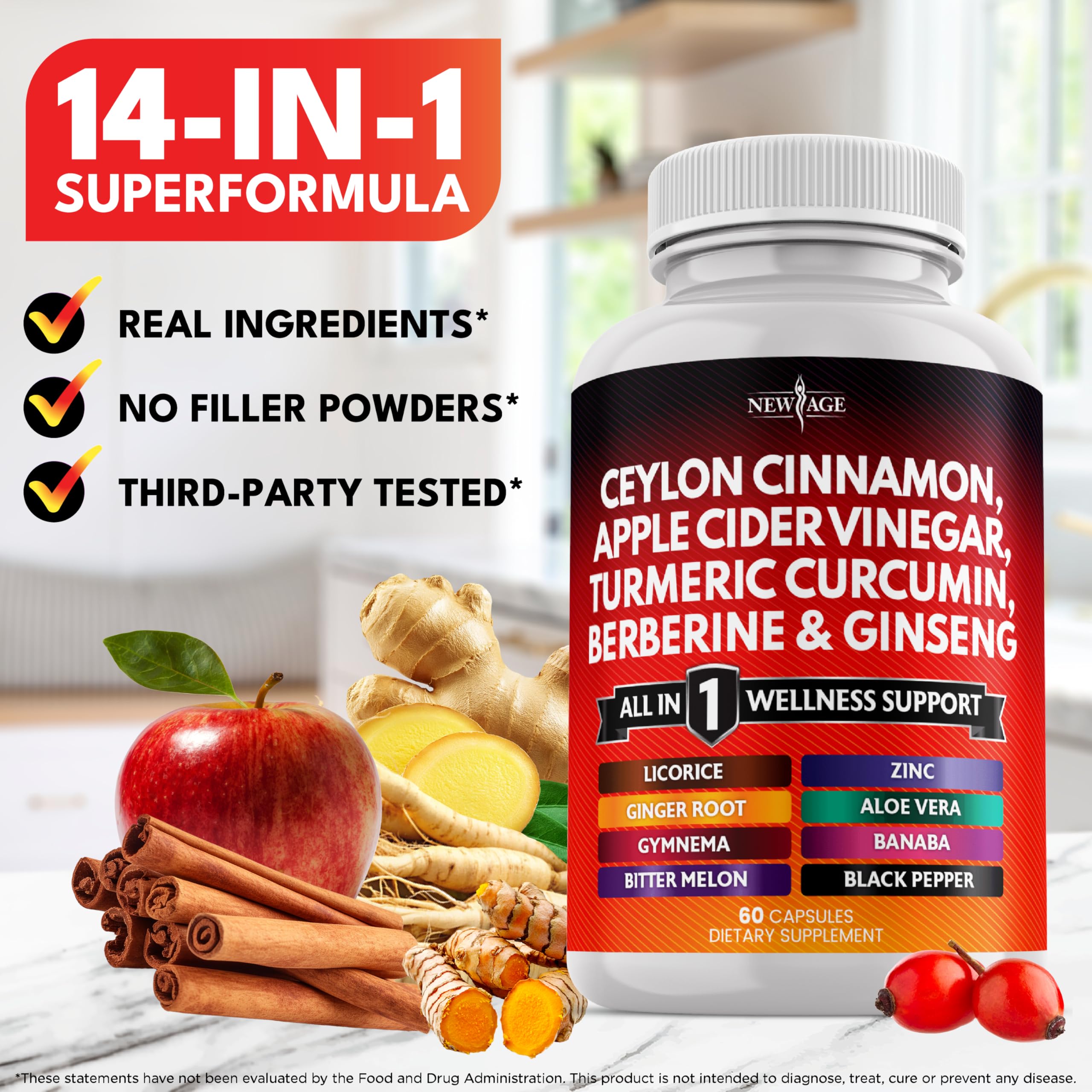 New Age Cinnamon Turmeric Apple Cider Vinegar Ginseng Supplement

