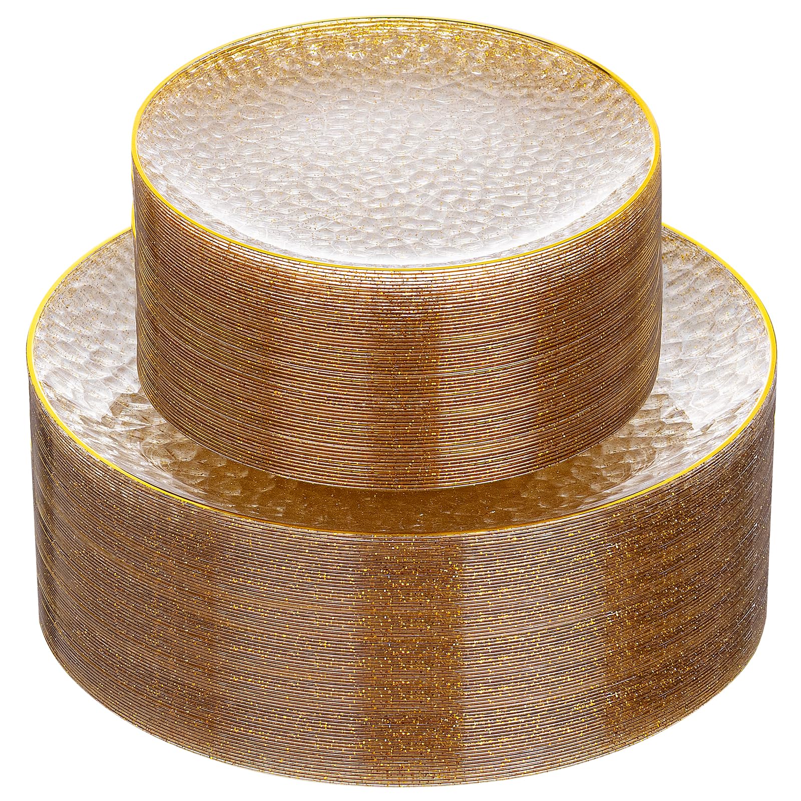 Rubtlamp Clear Plastic Plates with Gold Rim - Heavy-Duty Disposable Dinner & Dessert Plates