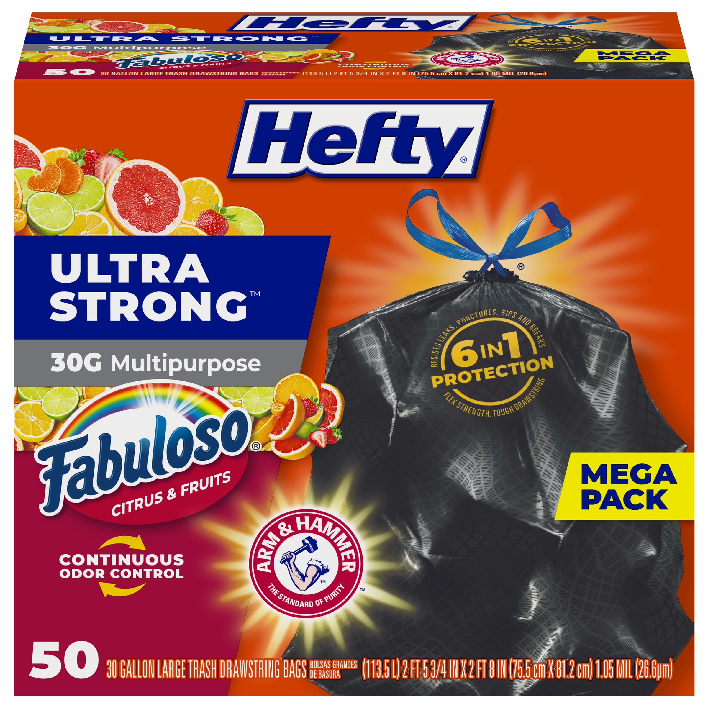 Hefty Ultra Strong Drawstring Trash Bags | 6-in-1 Protection


