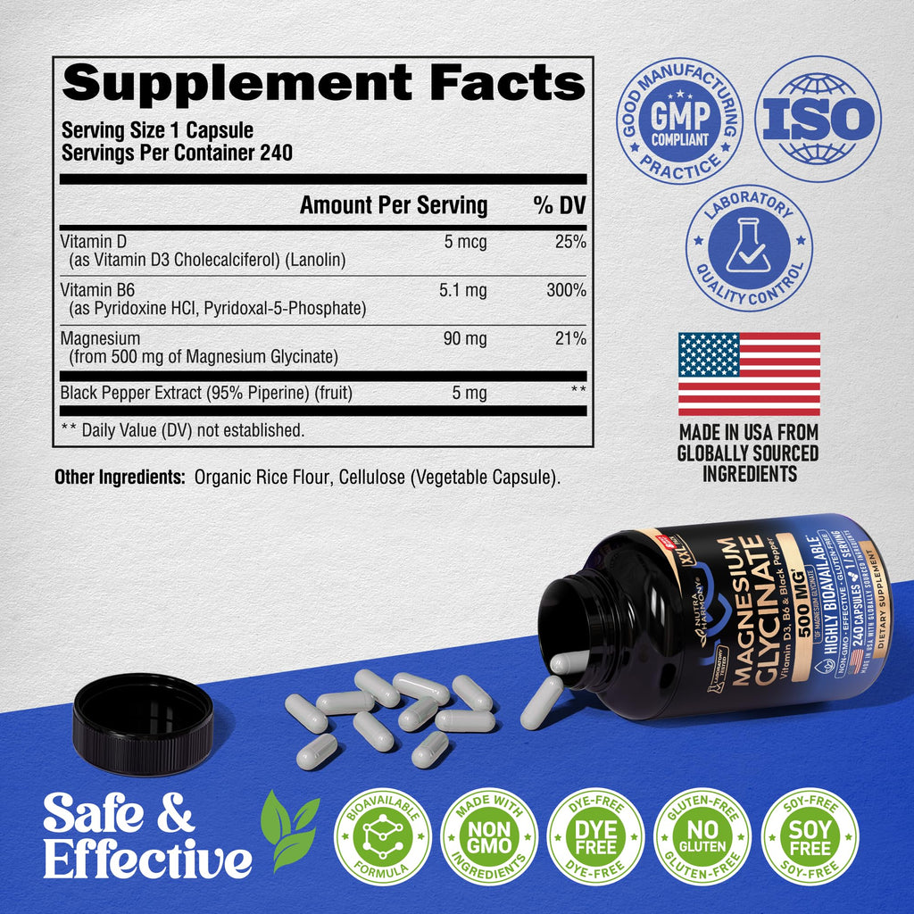 Magnesium Glycinate 500 mg Chelated Supplement for Sleep

