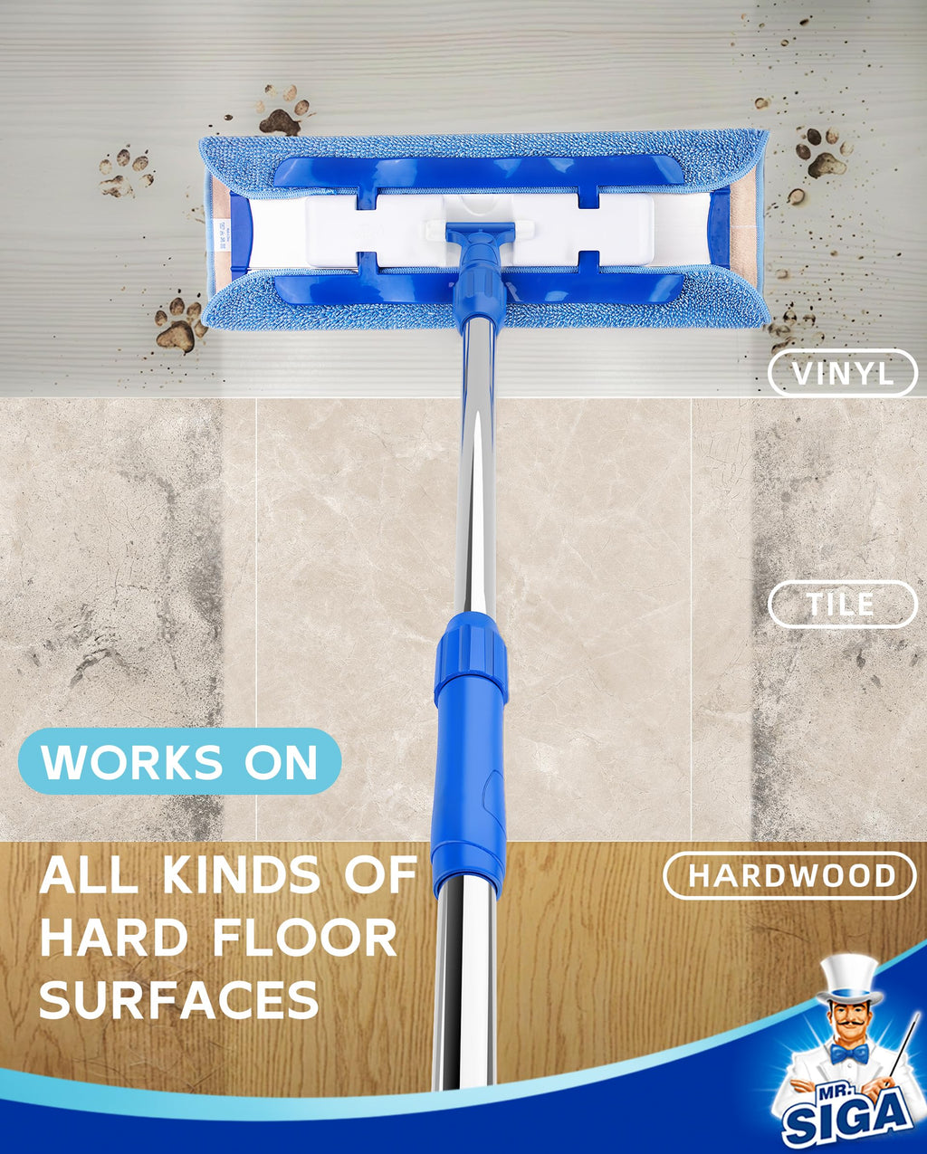 MR.SIGA Microfiber Mop Telescopic Stainless Handle

