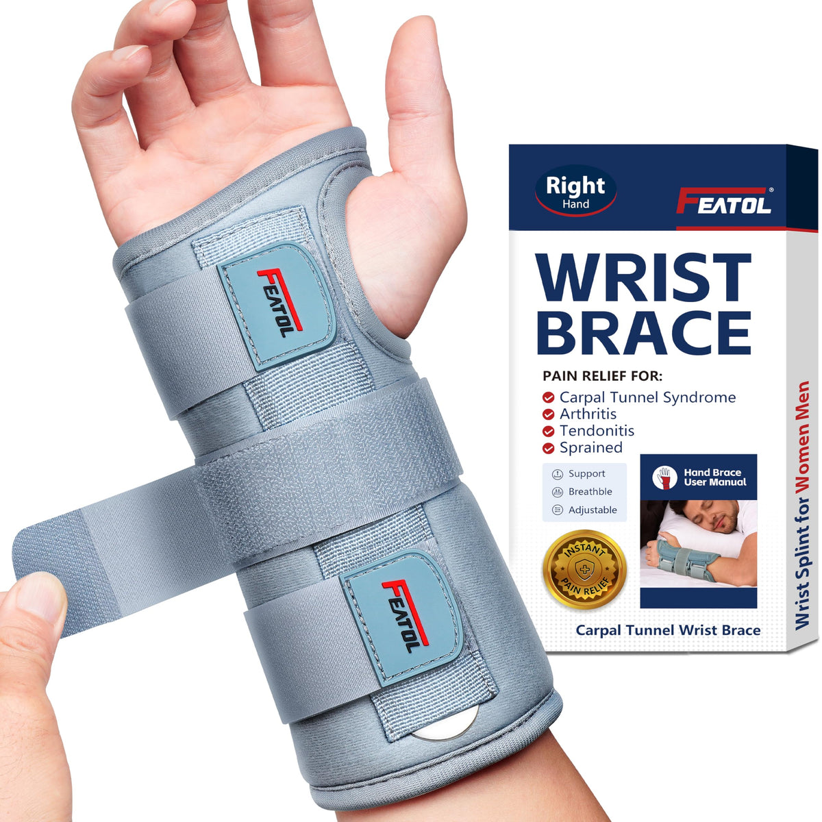 FEATOL Wrist Brace with Splints for Carpal Tunnel - Adjustable Night Support