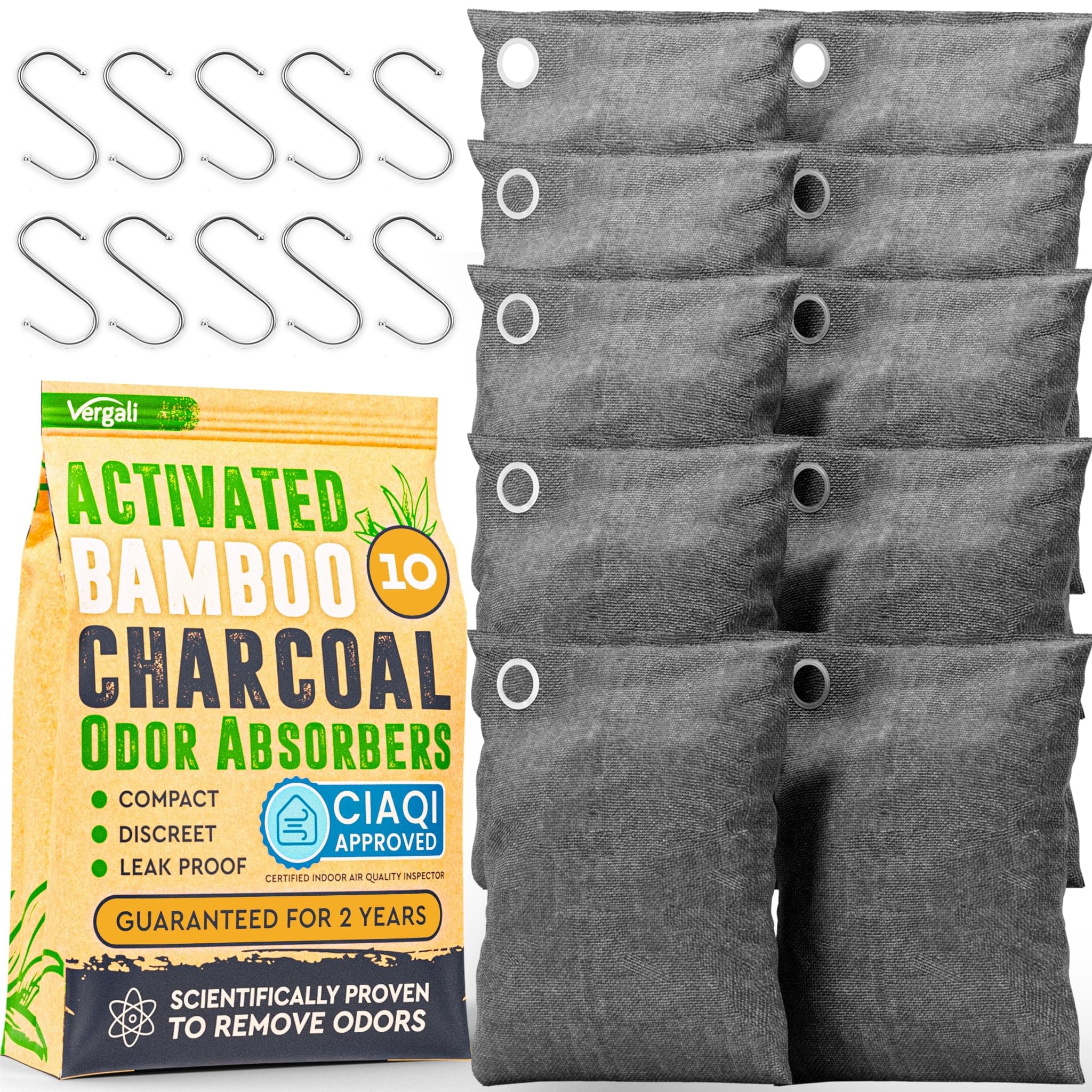 Activated Charcoal Odor Absorber Bags with Hooks for Car, Closet, Shoes, Basement