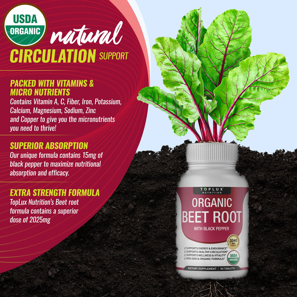 Toplux Organic Beet Root Tablets for Nitric Oxide Support

