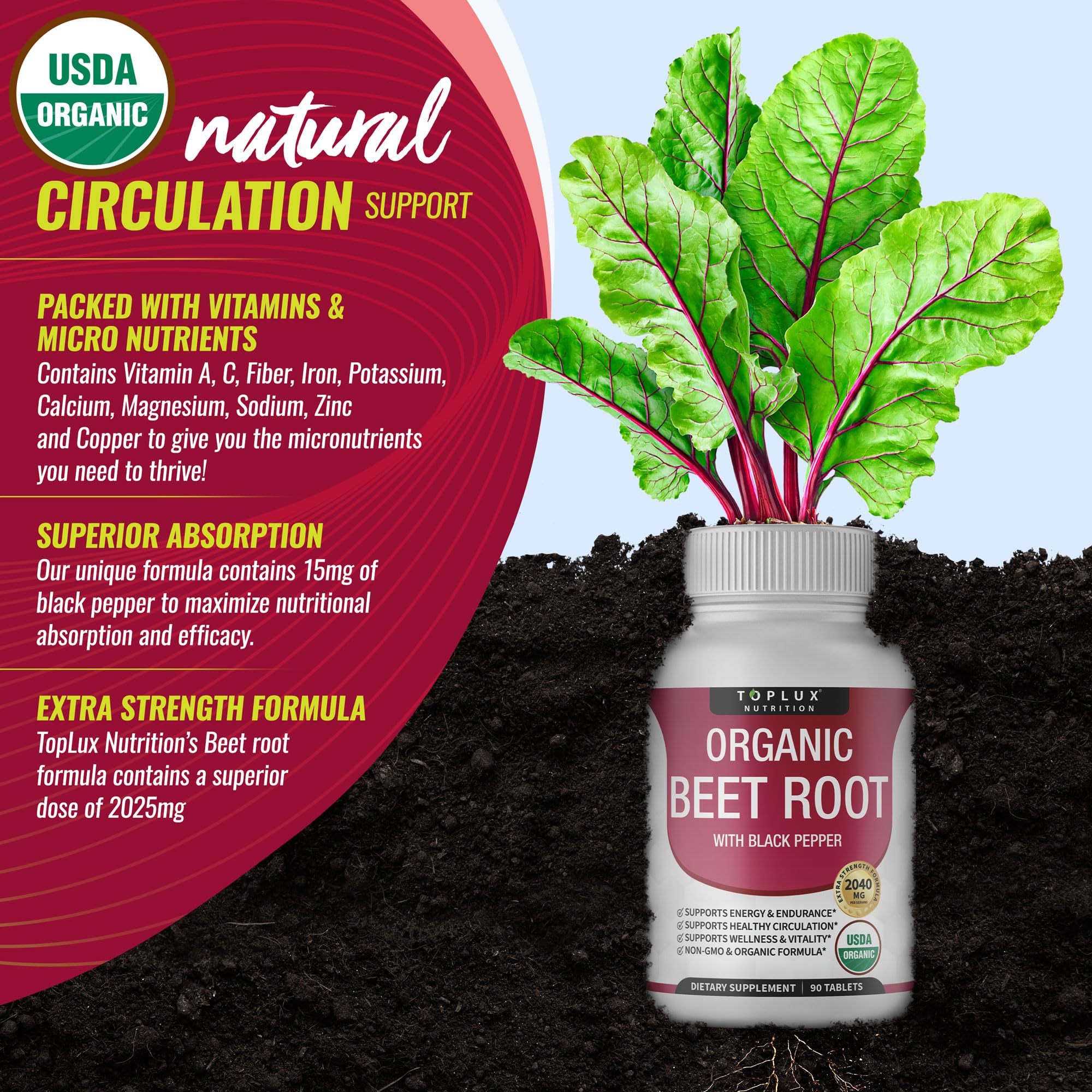 Toplux Organic Beet Root Tablets for Nitric Oxide Support

