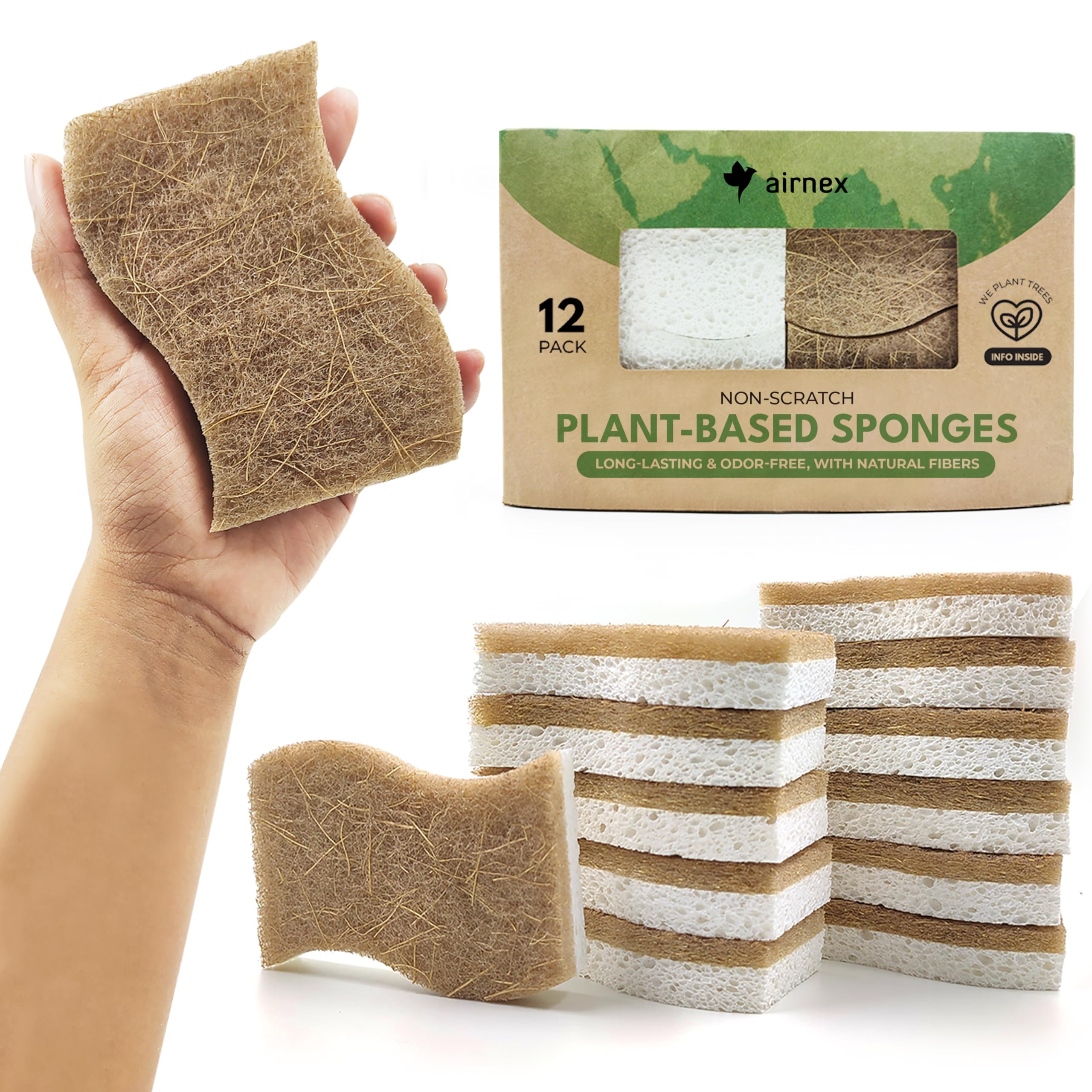 AIRNEX Natural Kitchen Sponges - Biodegradable Cellulose & Coconut Scrubber